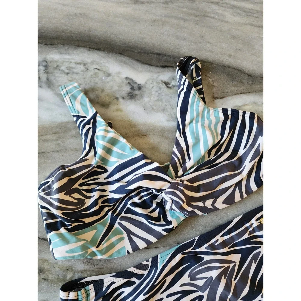 Sunseeker Australia Bikini Set 34D Top US 6 High Waist Bottom Zebra Print Blue